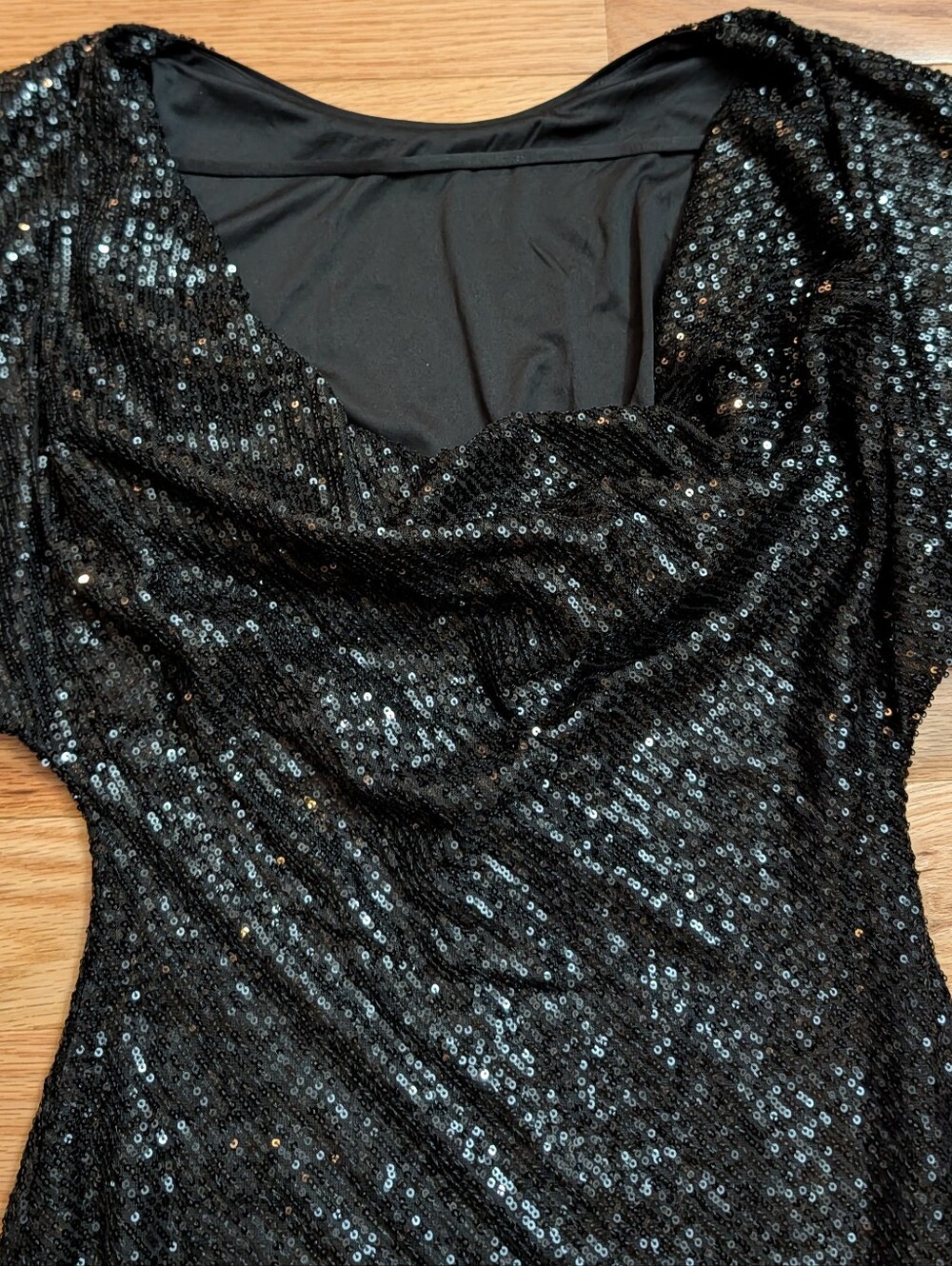 Nwt Donna Morgan Cowl Neck Short Flutter Sleeve Black Sequin Mini Dress 10 - Picture 6 of 10